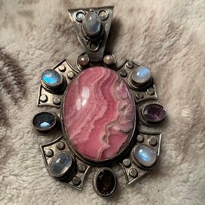 Pink Rhodochrosite, moon opal, amethyst sterling silver extra large pendant